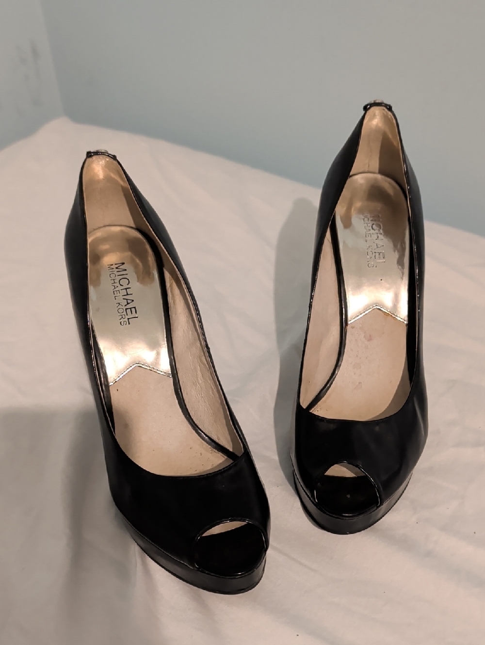MICHAEL Michael Kors Black Patent Peep-Toe Platform Heels